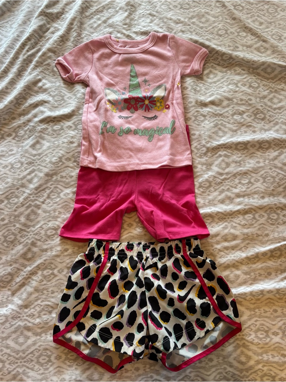 Nike Dri-FIT Tempo Leopard Shorts-Bobbie Brooks Unicorn Shirt- Garanimals Shorts